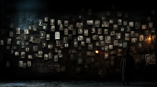 An image showing a man looking at a wall of missing person photographs. 